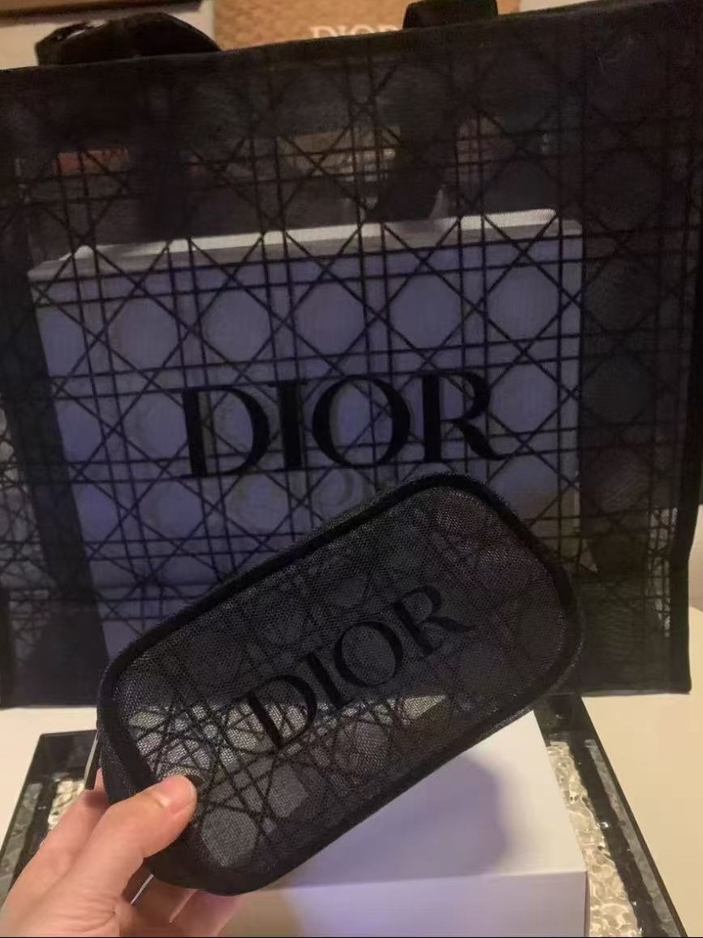 Dior beauty gift mesh tote and cosmetic bag